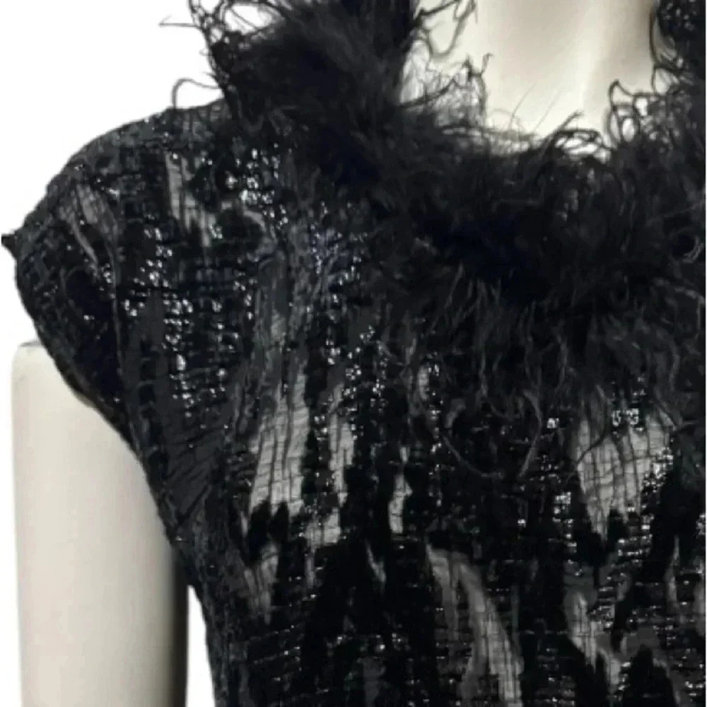 Vintage Joseph Ribkoff Black Burnout Velvet Ostrich Feather Top Evening Glam - Picture 5 of 13